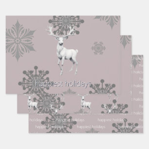 Ivory Reindeer Christmas   Pink Wrapping Paper Sheet