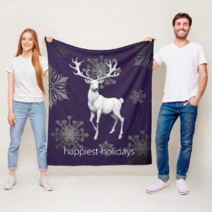 Ivory Reindeer Christmas   Purple Fleece Blanket