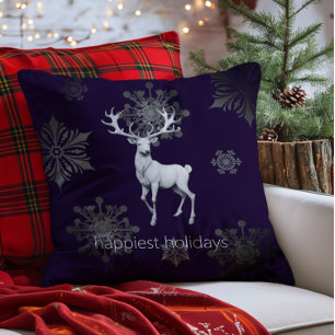 Ivory Reindeer Christmas   Purple Throw Pillow