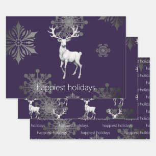 Ivory Reindeer Christmas Purple Wrapping Paper Sheet