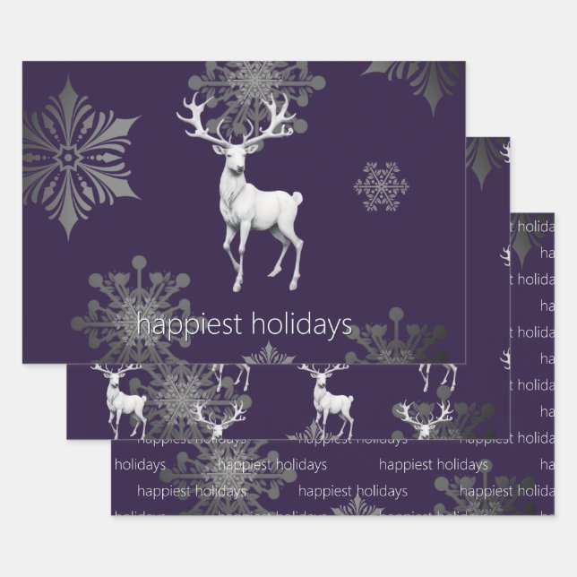 Ivory Reindeer Christmas | Purple Wrapping Paper Sheet (Set)