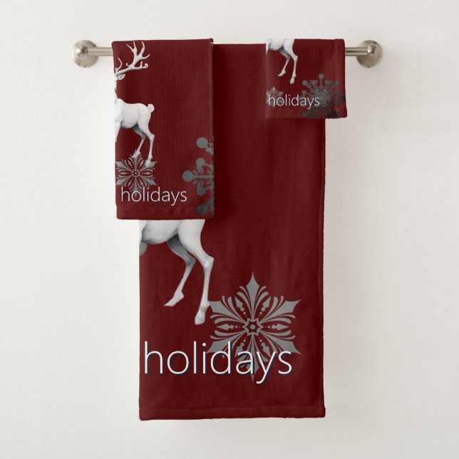 Ivory Reindeer Christmas | Red Bath Towel Set (Insitu)