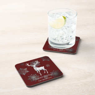 Ivory Reindeer Christmas Red Personalized Coaster