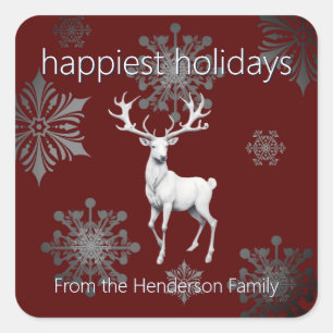 Ivory Reindeer Christmas Red Square Sticker