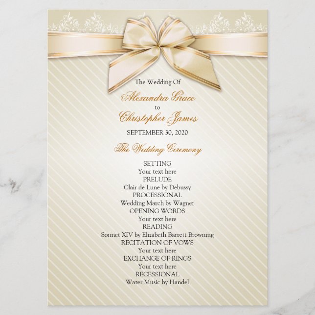 Ivory Ribbon Gold Stripes Wedding Program (Front)