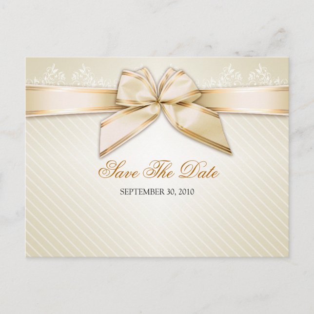 Ivory Ribbon Gold Stripes Wedding Save the Date Announcement Postcard (Front)