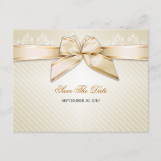 Ivory Ribbon Gold Stripes Wedding Save the Date V2 Announcement Postcard