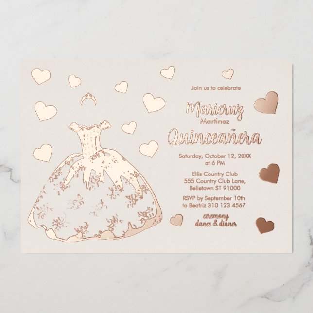  Ivory Rose Gold Hearts Quinceañera Invitation (Front)