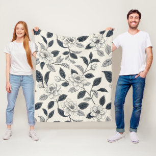 Ivory Rose Midnight Navy Marble Botanical Fleece Blanket