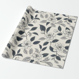 Ivory Rose Midnight Navy Marble Botanical Wrapping Paper
