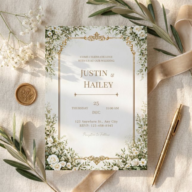 Ivory Rose Ornate Gold Border Wedding Invitation (Creator Uploaded)