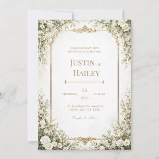 Ivory Rose Ornate Gold Border Wedding Invitation