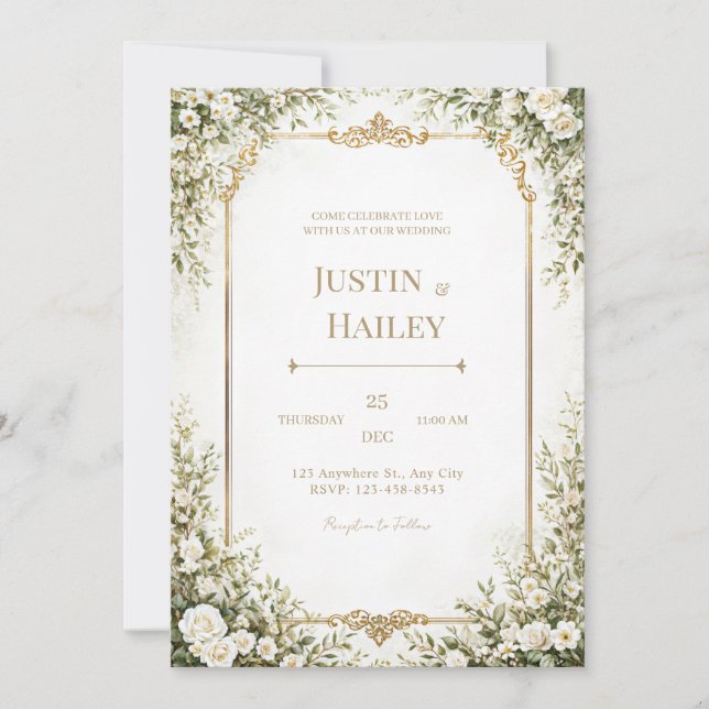 Ivory Rose Ornate Gold Border Wedding Invitation (Front)