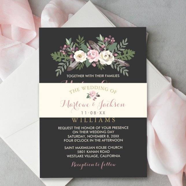 Ivory Rose Pink Floral Boho Wedding Monogram Invitation Belly Band (Creator Uploaded)