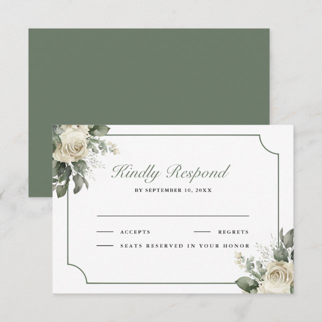 Ivory Rose Sage Green Floral Wedding RSVP Card (Front/Back)