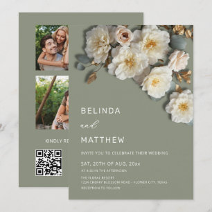 Ivory Roses 3D Flowers Sage Green Arch Wedding Inv Invitation