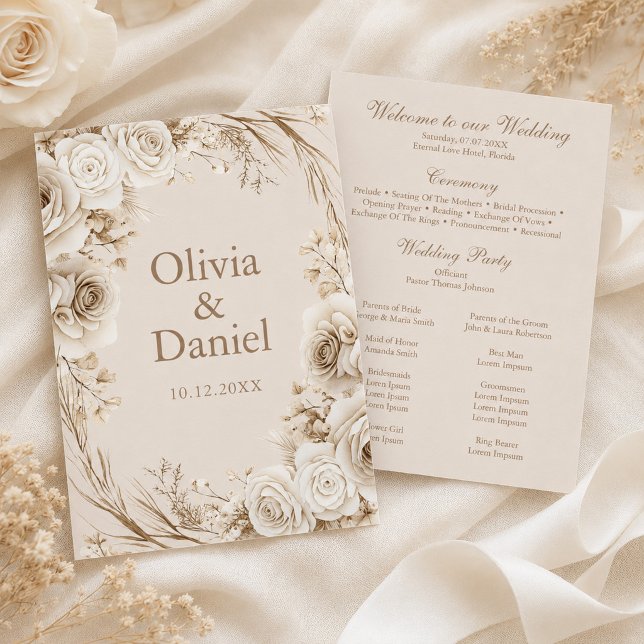 Ivory Roses Beige Wedding Ceremony Program (Ivory Roses Beige Wedding Ceremony Program with ivory flowers)