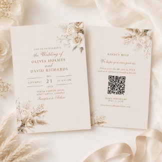 Ivory Roses Champagne Beige QR Code RSVP Wedding  Invitation
