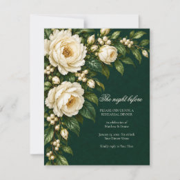 Ivory Roses & Emerald Wedding Rehearsal Dinner RSVP Card