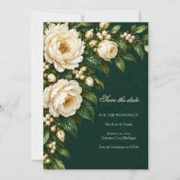 Ivory Roses & Emerald Winter Save the Date Invitation