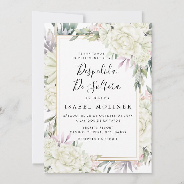 Ivory Roses Floral Gold Spanish Bridal Shower Invitation (Front)