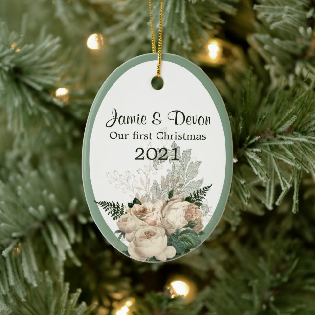 Ivory Roses Newly Weds First Christmas Ceramic Ornament (Tree)