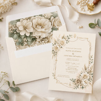 Ivory Roses, Pearls, Botanicals Boho Wedding | Envelope