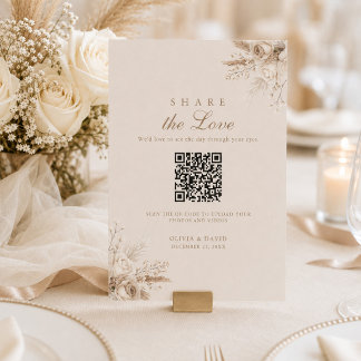 Ivory Roses QR Wedding Photo Sharing Table Sign