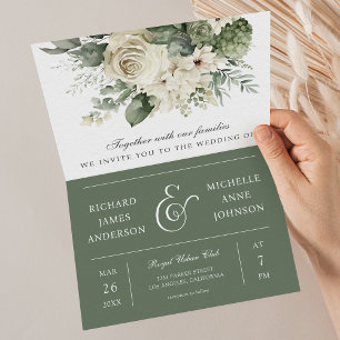 Ivory Roses Sage Green Floral QR Code Wedding Invitation