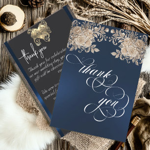 Ivory Roses Thank You Card - Dark Blue