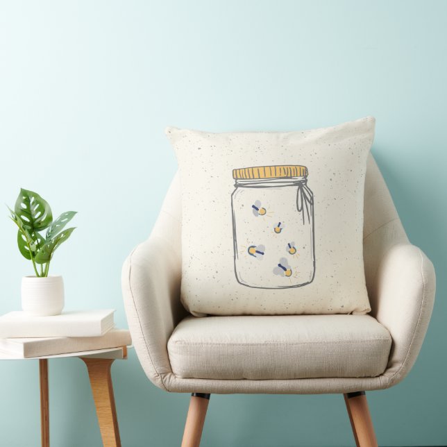 Ivory Rough Sketch Fireflies in Mason Jar Throw Pillow (Chair)