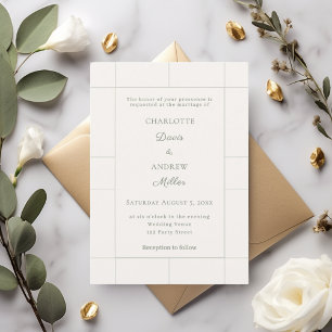 Ivory sage green checked modern Wedding  Invitation