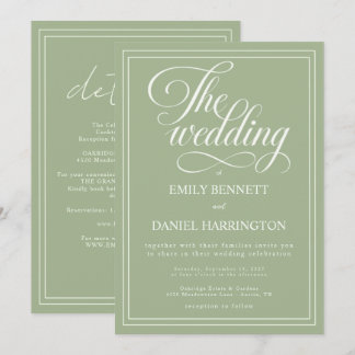 Ivory Sage Green Elegant Calligraphy Wedding Invitation