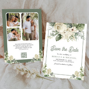 Ivory Sage Green Floral QR Code Photo Wedding Save The Date