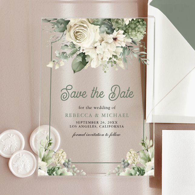 Ivory Sage Green Floral Wedding Save the Date Acrylic Invitations (Creator Uploaded)
