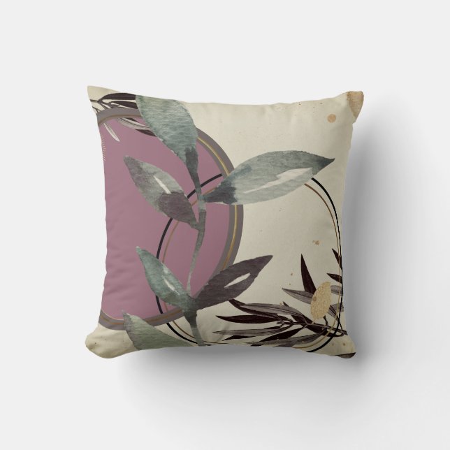 Ivory Sage Green & Pink Abstract Watercolor Throw Pillow (Front)