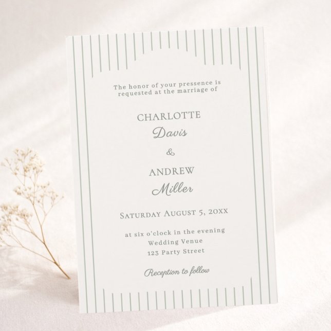 Ivory Sage Green Pinstriped elegant Wedding  Invitation (Creator Uploaded)