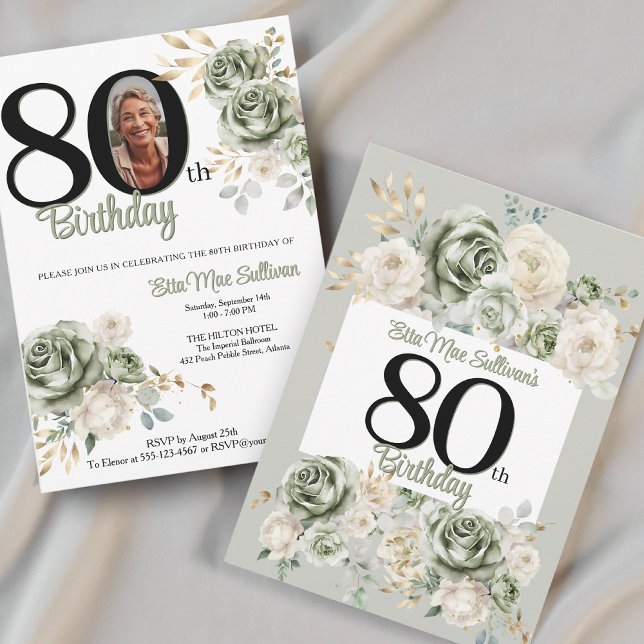 Ivory Sage green Roses Floral 80th birthday Photo Invitation (Creator Uploaded)