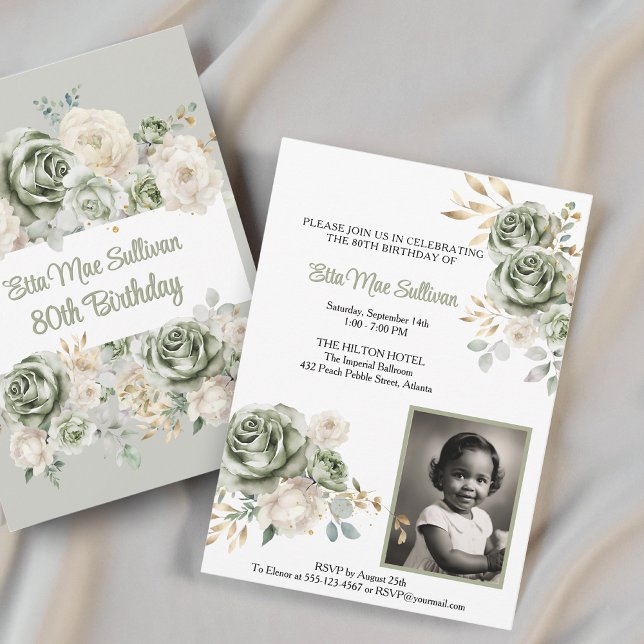 Ivory Sage green Roses Floral 80th birthday Photo Invitation (Creator Uploaded)