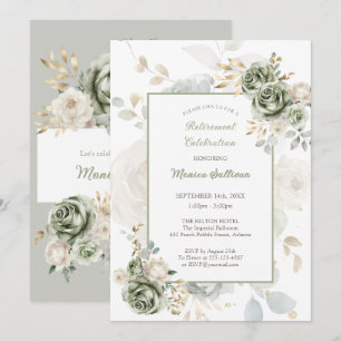 Ivory Sage Green Roses Floral Retirement Party Invitation