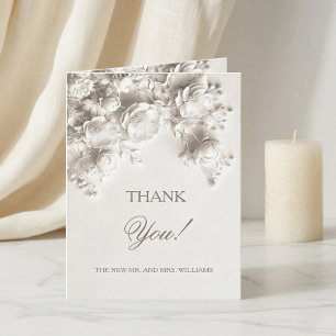 Ivory Sculptured Flowers Wedding Photo Thank You Card