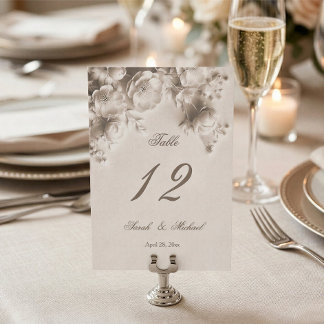 Ivory Sculptured Flowers Wedding   Table Number