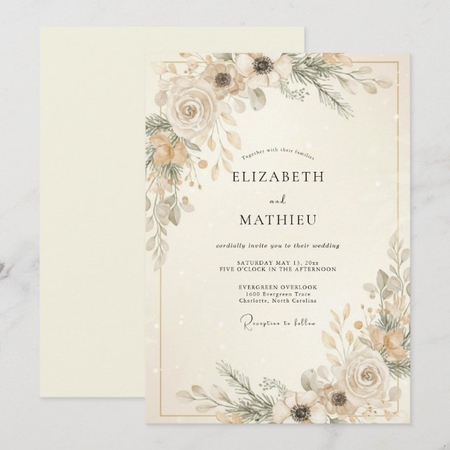 Ivory Serene Winter Botanical Wedding Invitation (Front/Back)