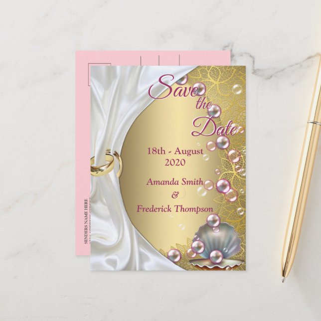 Ivory Silk, Gold Lace & Pearls and Marble Announcement Postcard (Front/Back In Situ)
