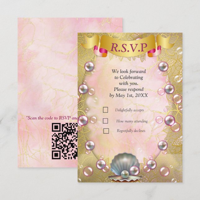 Ivory Silk, Gold Lace & Pearls and Marble RSVP Card (Front/Back)
