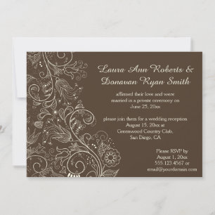 Ivory Sketched Swirls Flowers on Brown Wedding Invitation