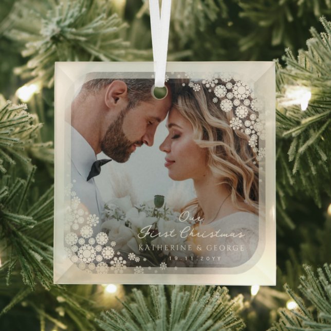 Ivory Snowflakes Frame Chic Holiday Wedding Photo Glass Ornament (Insitu)