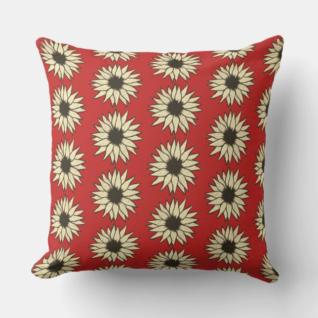 Ivory Sunflowers On Red Large Size Print Throw Pillow (Front)