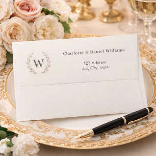 Ivory taupe monogram initial wreath return address envelope