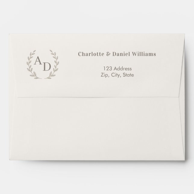 Ivory taupe monogram wreath return address envelope (Back (Top Flap))